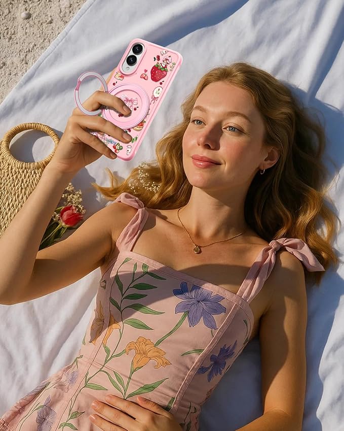 for Samsung Galaxy S25 Edge Case with 360° Rotatable Magnetic Ring - Compatible with MagSafe, Semi-Transparent Soft-Touch Material Shockproof, Cute Pink Strawberry Design for Women Girl