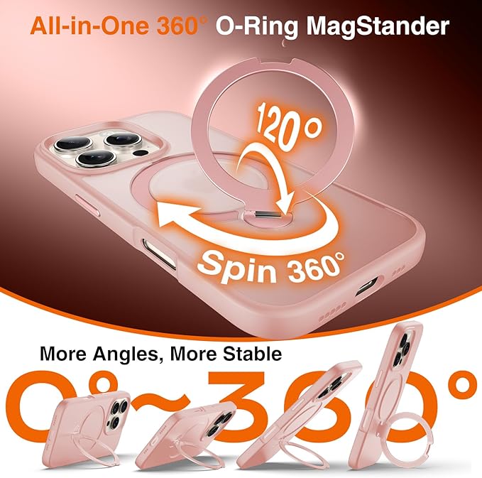 360° O-Ring MagStander for iPhone 16 Pro Max Case with Magnetic Kickstand Ring Holder [Compatible with MagSafe][360°Rotate Stand][Military Shockproof] iPhone 16 Pro Max Phone Cover Pink