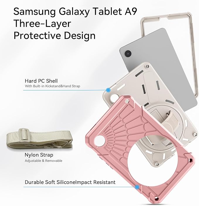 Case for Samsung Galaxy Tab A9 8.7 Inch 2023, 360° Rotating Stand, Hand Strap&Shoulder Strap Case for Samsung A9 Tablet(SM-X110/X115/X117) (Sakura Powder)