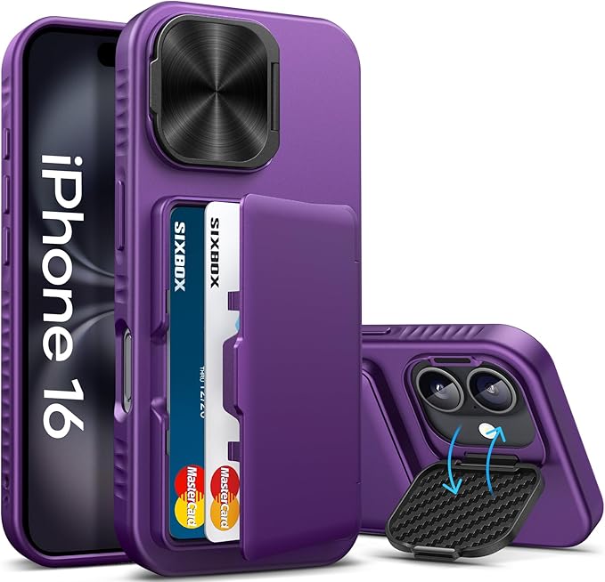 for iPhone 16 Case Wallet, Built-in Credit Card Holder & Stand & Camera Lens Cover, Military Grade Drop Tested Soft Silicone Edge Rugged Protective Phone Case for iPhone 16 6.1" 2024, Purple