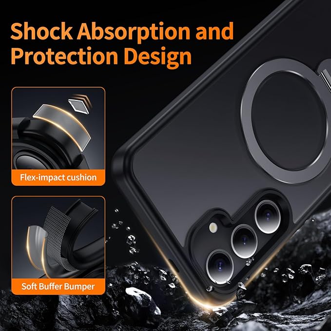 for Samsung Galaxy S24+ Plus Case,Compatible with Magsafe,with 360°Rotatable Magnetic Ring Stand [Wireless Charging],Matte Translucent Slim Soft Edge Phone Kickstand,Black