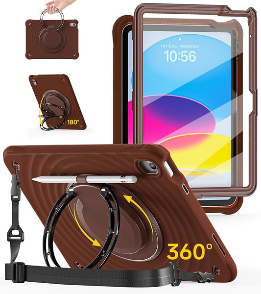 BRAECN Ripple Case for iPad (A16)11th/10th Generation 11/10.9 inch 2025/2022 Zinc Alloy Handle Ring Stand Protective Heavy Duty Screen Protector 360°Rotating 180°Folding Shoulder Strap Full-Body Cover