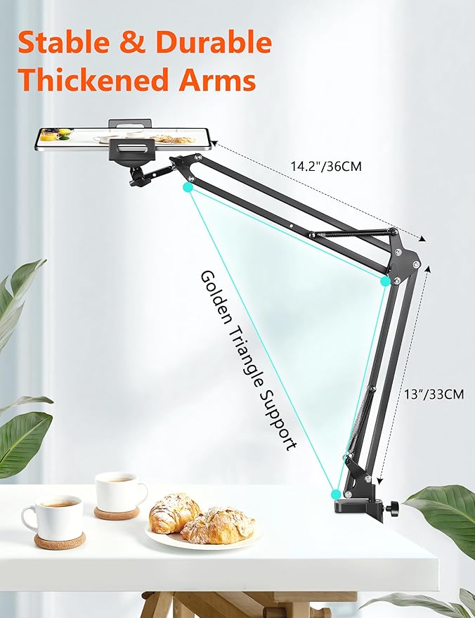 Tablet Holder for Desk, iPad Stand Phone Holder for Desk, Overhead Tablet Desk Mount for Bed with 360° Rotation, Compatible with iPhone iPad Kindle 4.7-13" Devices