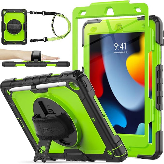 SEYMAC stock Case for iPad 9th/ 8th/ 7th Generation 10.2'', Shockproof with Screen Protector, Pencil Holder [360° Rotating Hand Strap] & Stand, for iPad 10.2 inch 2021-2019 (Green+Black)