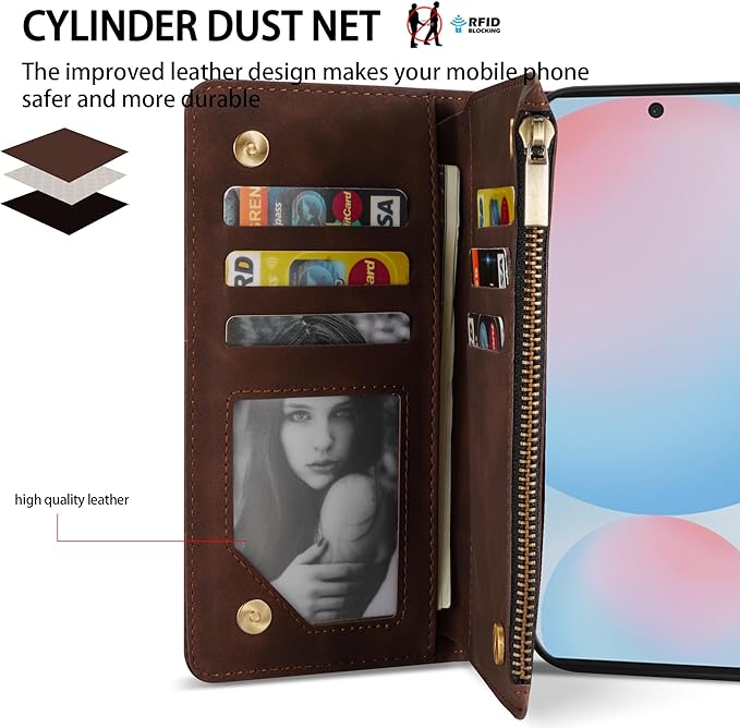 ZZXX for Samsung Galaxy S24 FE Wallet Case with RFID Blocking Card Slot PU Leather Zipper Flip Folio with Strap Kickstand Protective Cover for Samsung Galaxy S24 FE Case Wallet(Coffee-6.7 inch)