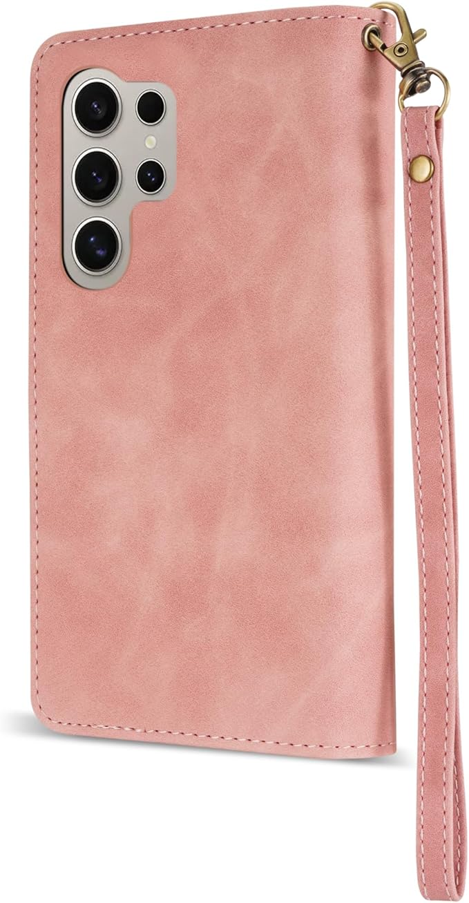 ZZXX for Samsung Galaxy S24 Ultra Wallet Case with RFID Blocking Card Slot PU Leather Zipper Flip Folio with Strap Kickstand Protective Cover for Samsung Galaxy S24 Ultra Case Wallet(Pink-6.8 inch)