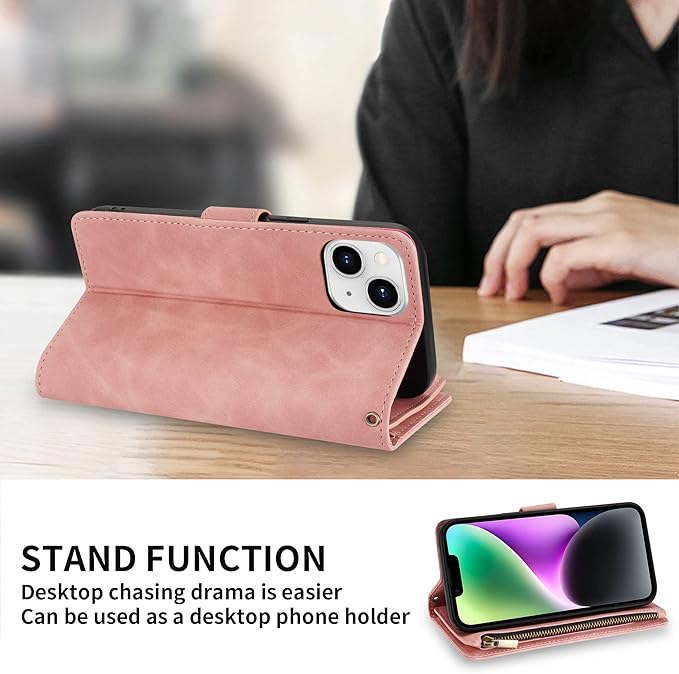 ZZXX for iPhone 14 Case Wallet with [RFID Blocking] Card Slot Premium Soft PU Leather Zipper Flip Folio with Wrist Strap Kickstand Protective Phone Cover for iPhone 14 Wallet Case(Pink-6.1 inch)