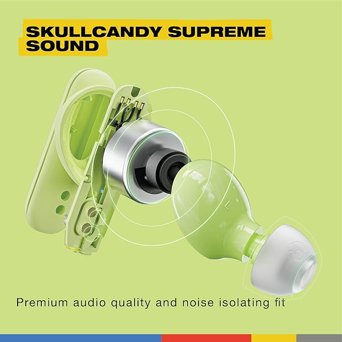Skullcandy Smokin’ Buds Wireless Earbuds, Bluetooth Headphones, Noise Isolating Fit, Up to 20 Hours Battery, IPX4 Sweat and Water Resistant, Microphone for iPhone Android - Matcha