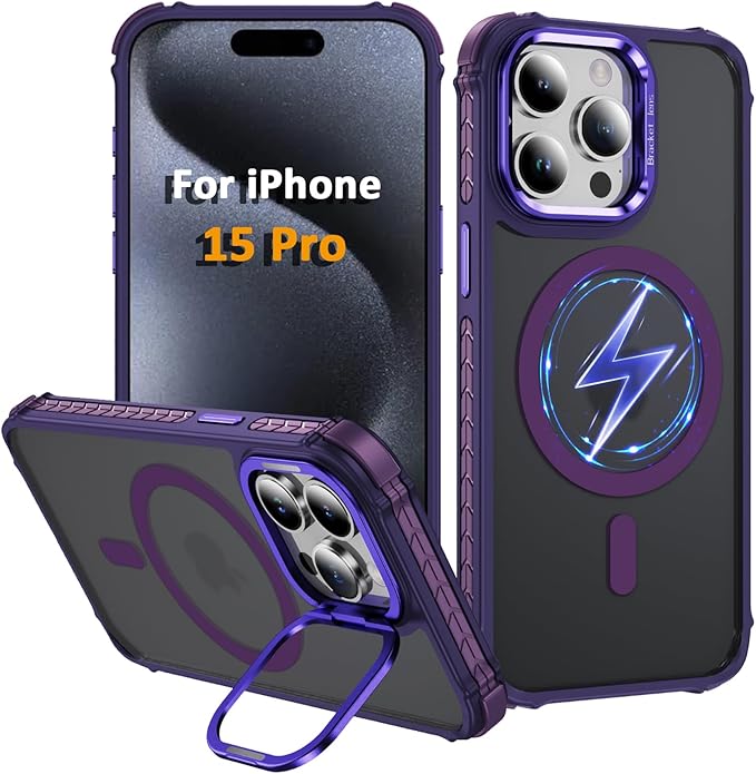 Magnetic for iPhone 15 Pro Case Purple with MagSafe Wireless Charging Heavy Duty Military-Grade Shockproof Protection Adjustable Kickstand Slim Matte Anti-Fingerprint Cover Men Women