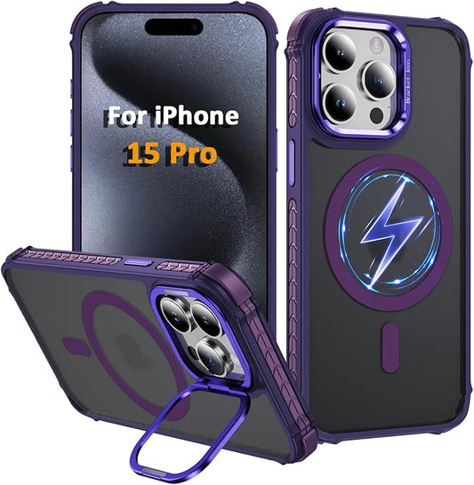 Magnetic for iPhone 15 Pro Case Purple with MagSafe Wireless Charging Heavy Duty Military-Grade Shockproof Protection Adjustable Kickstand Slim Matte Anti-Fingerprint Cover Men Women