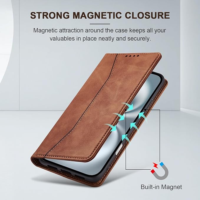 Jasonyu Flip Wallet Case for iPhone 16,Leather Magnetic Folio Cover with Card Holder,Kickstand - TPU Shockproof Durable Protective Phone Case,Brown