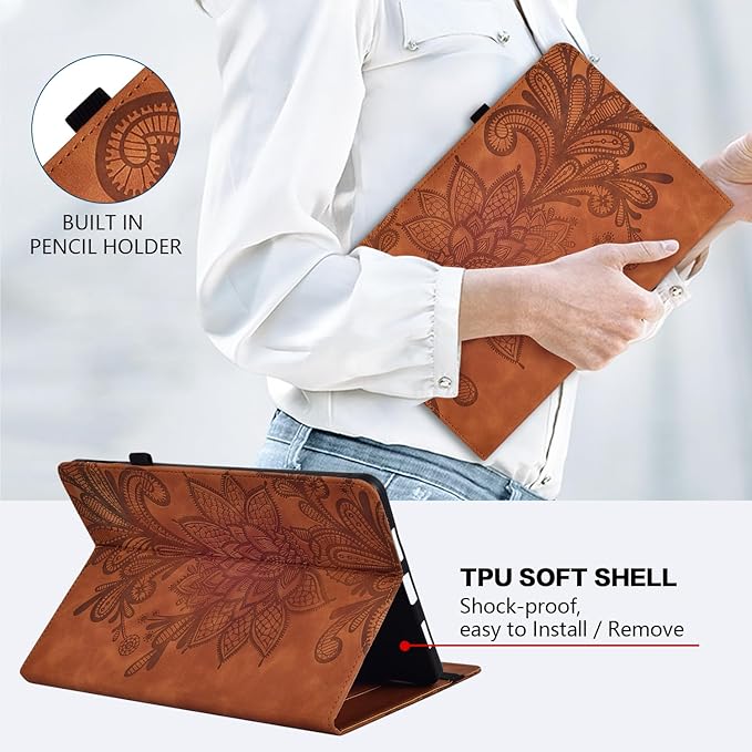 Case for Lenovo Tab M9 9 inch (TB-310FU), Embossed Lace PU Leather Flip Folio Protective Tablet Case with Elastic Band Card Slots Pen Holder, Multi-Angle Viewing Stand Cover - Brown