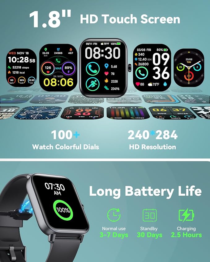 Smart Watches for Women/Men, Smart Watch for Android Phones and iPhone Compatible, Alexa Built-in, 1.8" Fitness Watches for Women, IP68 Waterproof/Bluetooth Call, Heart Rate/Sleep Monitor, Black