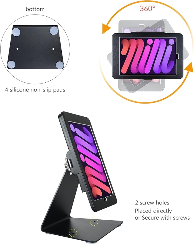 Desktop Anti-Theft Security Kiosk Stand Holder for iPad Mini 7 A17 Pro 2024 8.3"/ iPad Mini 6 2021 8.3",with Lock & Key,Flip &360°Rotating Horizontal or Vertical Design(Black)
