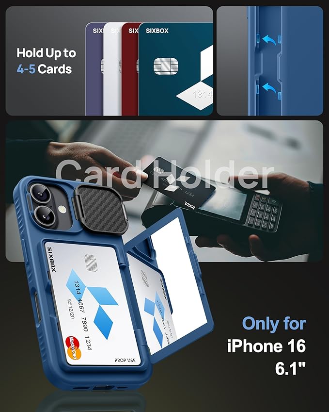for iPhone 16 Case with Card Holder, Built-in Stand & Camera Lens Cover, Shockproof Rugged Silicone Raised Edge Protective Multifunctional Wallet Phone Case Cover for iPhone 16 6.1" 2024, Blue
