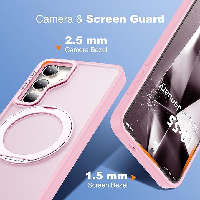 for Samsung Galaxy S25 Plus Case with 360°Rotatable Magnetic Ring Stand Compatible with Mag-Safe Military Protection Shockproof Matte Translucent Phone Cases for Galaxy S25+,Pink