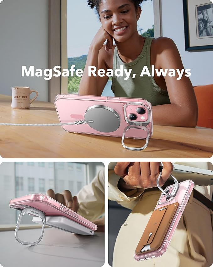 ESR for iPhone 15 Case, Compatible with, Military-Grade Protective Case, Built-in Stash Stand Phone Case, Scratch-Resistant Back Cover, Classic Series, Clear Pink