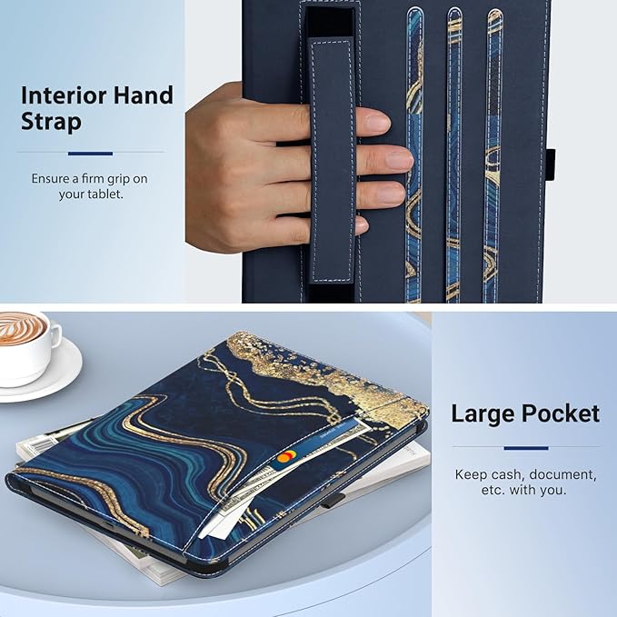 MoKo Case for Samsung Galaxy Tab A9 Plus 11" 2023 (SM-X210/SM-X216/SM-X218), PU Leather Multi-Angle Viewing Folding Stand Cover Case with Hand Strap, Front Pocket, Auto Wake/Sleep, Marble Blue