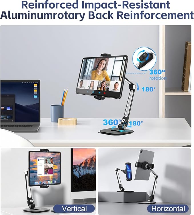 Tablet Stand Universal Holder for 4.9" - 12.9" Devices, 360° Rotating Security Stand for iPad, iPad Air, Samsung, Height Adjustable Foldable Table Top(Black)