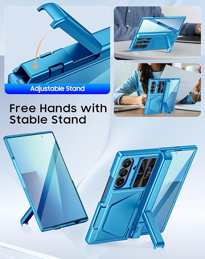for Samsung Galaxy Z Fold 7 Case with Card Holder RFID Blocking, Built in Slide Lens Cover & Hinge Protection & Kickstand & Screen Protector, Shockproof Wallet Case for Z Fold 7 (Lake Blue)