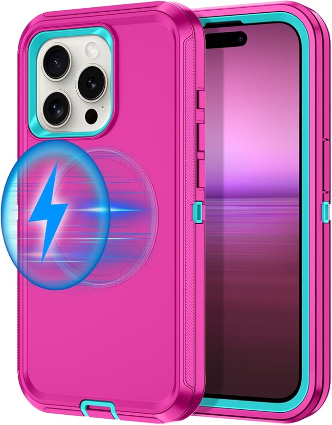 for iPhone 15 Pro Case [Compatible with MagSafe] Shockproof 3-Layer Full Body Protection Rugged Heavy Duty Cover Case for Apple iPhone 15 Pro 6.1",Rose Red/Green