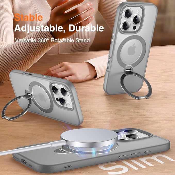 360° O-Ring MagStander for iPhone 16 Pro Case with Magnetic Kickstand Ring Holder [Compatible with MagSafe][360°Rotate Stand Ring][Military Shockproof] iPhone 16 Pro Phone Cover Matte Grey