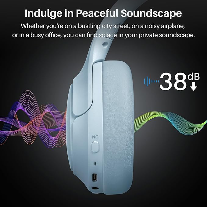 TOZO HT2 Hybrid Active Noise Cancelling Headphones, Wireless Over Ear Bluetooth Headset, 60H Playtime, Hi-Res Audio Custom EQ via App Deep Bass Comfort Fit Ear Cups, for Home Office Travel Blue