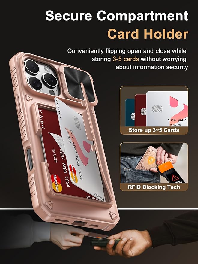 Vihibii for iPhone 16 Pro Max Case Wallet with Card Holder (4 Cards) [RFID Blocking] & Slide Camera Cover, Military Grade Drop Protection, Rugged Back & Silicone Edge Phone Case 6.9" 2024, Rose Gold