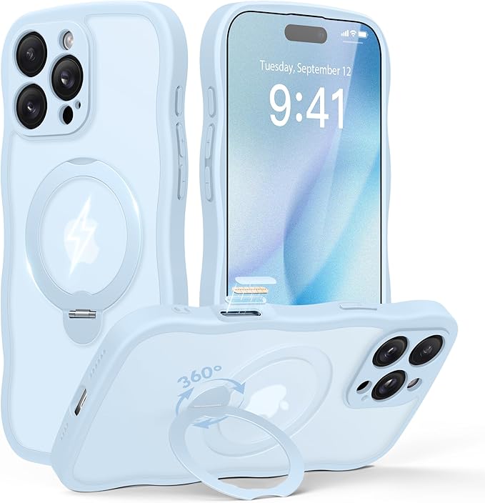 for iPhone 16 Pro Max Case for Women,[Compatible with Magsafe][360° Spin Magnetic Stand][Cute Wave Edge][Military-Grade Protection]Translucent Matte Phone Case for iPhone 16 ProMax, Baby Blue
