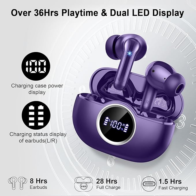 Wireless Headphones Bluetooth 5.4 Earbuds, 2025 Ear Buds Deep Bass Hi-Fi Stereo, 4 ENC Noise Cancelling Mic, 40Hrs USB Fast Charging in-Ear Earphones, IP-X7 Waterproof Workout Sport for Android iOS