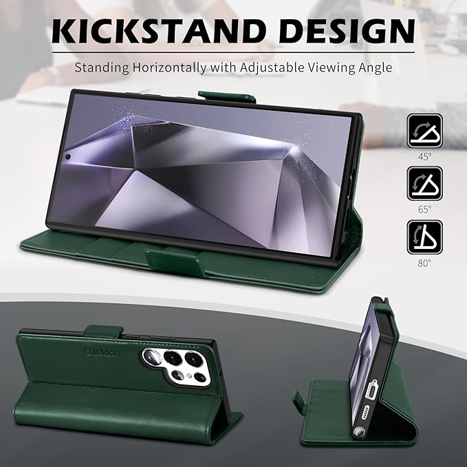 SHIELDON Case for Galaxy S25 Ultra 6.9", Genuine Leather Wallet Case with RFID Blocking Card Holder Kickstand Shock Absorbing Protective Cover Compatible with Galaxy S25 Ultra 2025 - Nappa Evergreen