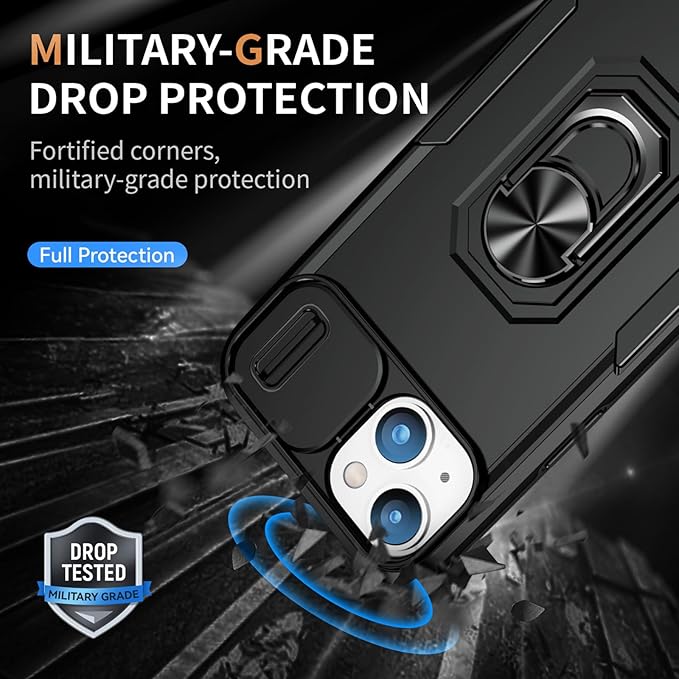 Case for iPhone 14 Phone Case with Slide Camera Cover, with Finger Ring Holder Stand, fit Magnetic Car Mount, for iPhone 14 - Black