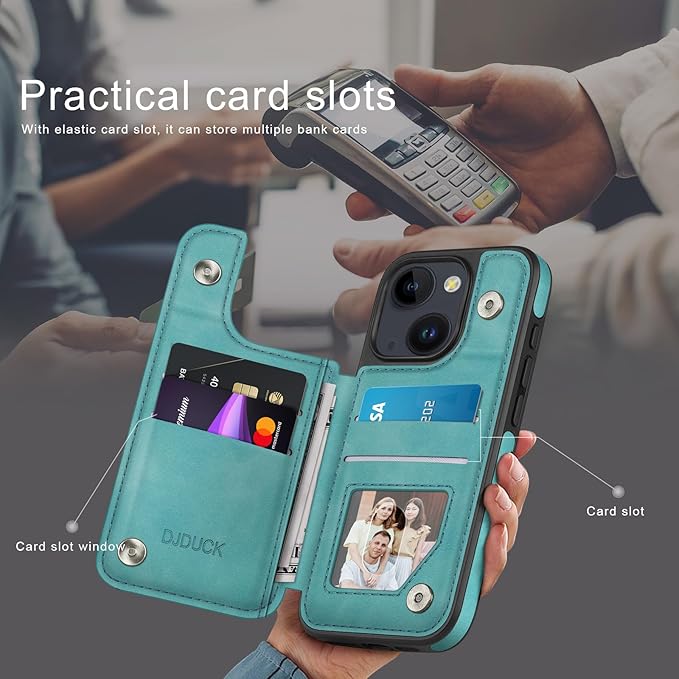 DJDUCK Designed for iPhone 14 Case Wallet with Card Holder, [Magnetic Clasp Cover] [RFID Blocking Leather Protection] Shockproof Women Men Cases 6.1 Inch for Apple 14 Light Green