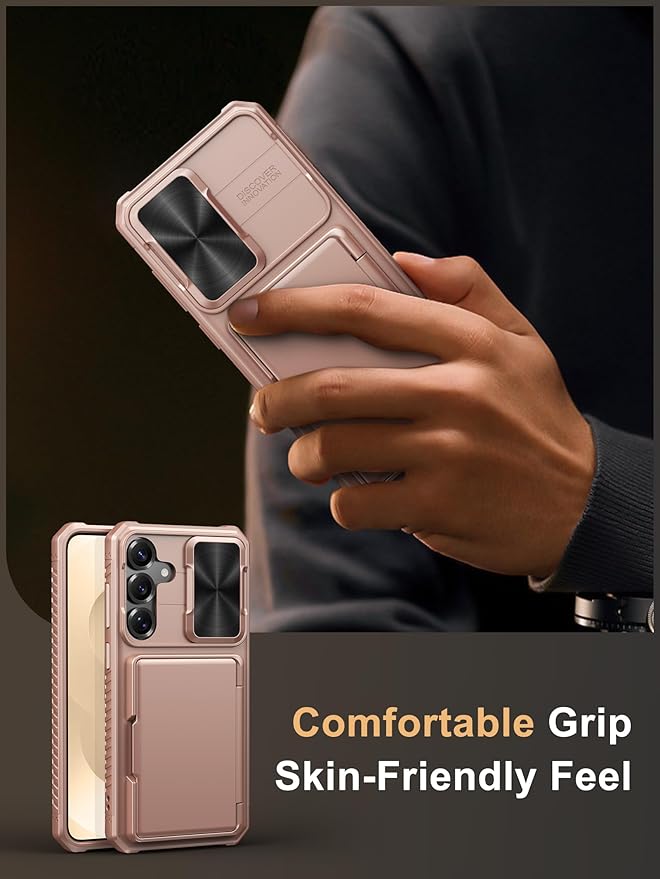 Vihibii for Samsung Galaxy S25+ Plus Case with Card Holder (4 Cards), [RFID Blocking] & Slide Camera Cover, Military Grade Drop Protection, Rugged Wallet Case for Galaxy S25+ Plus 6.7" 5g, Rose Gold
