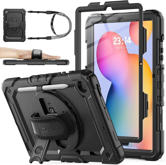 SEYMAC stock Case for Samsung Galaxy Tab S6 Lite 10.4’’ (2024-2020) with Screen Protector Pencil Holder [360° Rotating Hand Strap] &Stand, Drop-Proof Case for Galaxy Tab S6 Lite Tablet, All Black