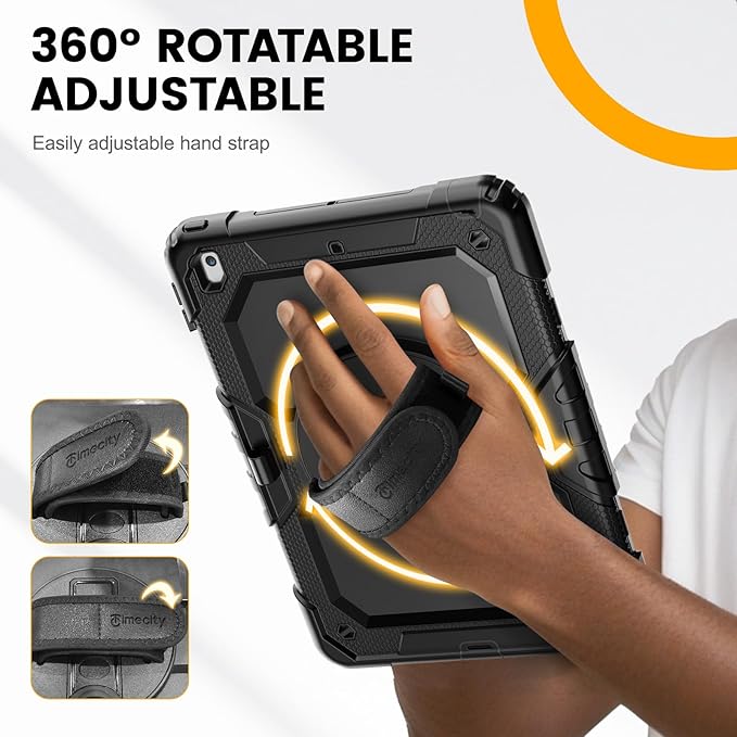 Timecity Case for iPad 9th/ 8th/ 7th Generation 10.2 inch - Heavy Duty Protective Cover with Screen Protector, Rotating Stand, Shoulder Strap & Pencil Holder | Kids-Friendly (Black)