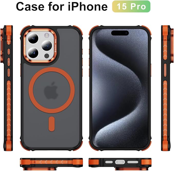 Magnetic for iPhone 15 Pro Case Orange with MagSafe Wireless Charging Heavy Duty Military-Grade Shockproof Protection Adjustable Kickstand Slim Matte Anti-Fingerprint Cover Men Women