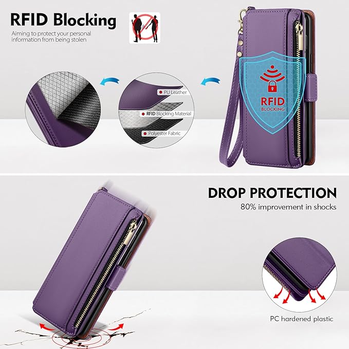 Antsturdy Compatible with Samsung Galaxy Z Fold7 Case Wallet with Card Holder,Z Fold 7 5G Phone Case with Strap Shockproof PU Leather RFID Blocking Flip Cover Credit Card Slots Women Men,Purple