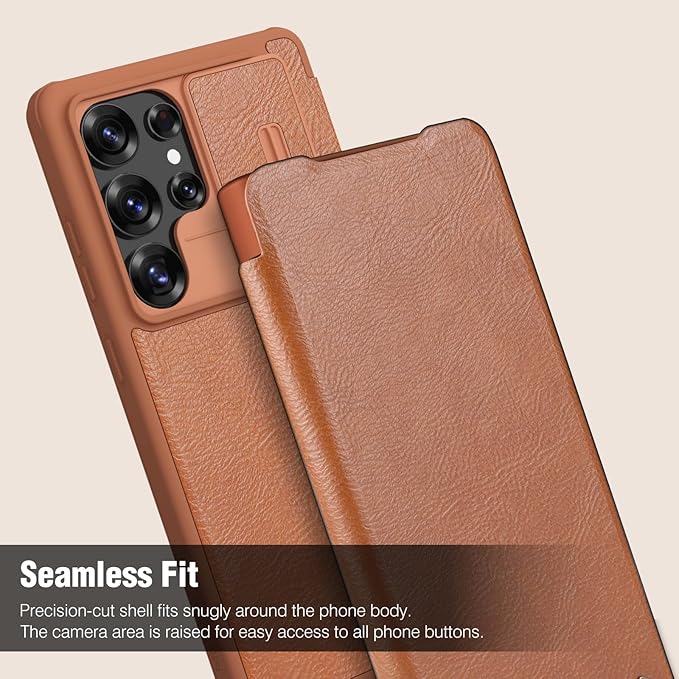 Nillkin for Samsung Galaxy S25 Ultra Wallet Case with Camera Cover, [Lens Protection] Premium Leather Slim Protective Shockproof Hard Cover Flip Phone Case for Galaxy S25 Ultra 6.9'' Brown
