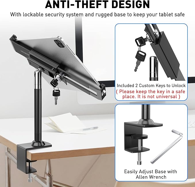 AboveTEK Anti Theft Locking Tablet Stand Holder - 360/320 POS Swivel - Lockable Tablet Security Stand Lock, Desktop Table Clamp Mount Fits 7 to 11 Inch iPad Fire Microsoft Galaxy Tab Google (Black)