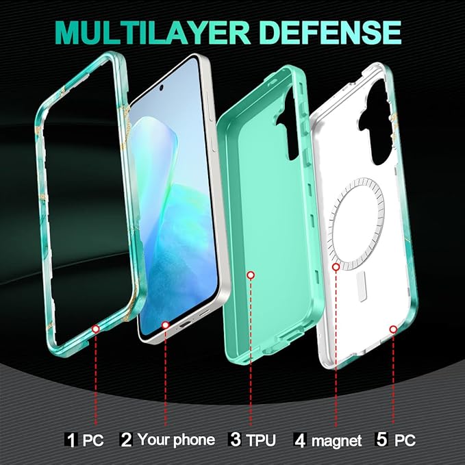 Casetego for Galaxy S25 FE Case,Compatible with MagSafe,[Military Grade Drop Test] Full Body Protection Slim Shockproof Rugged Marble Women Case for Samsung Galaxy S25 FE 6.7 inch,Turquoise