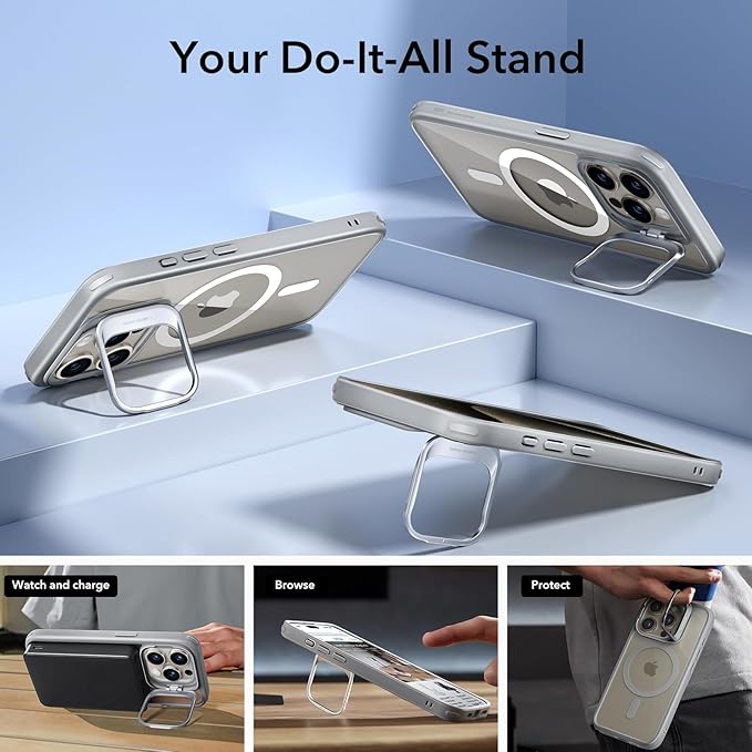 ESR for iPhone 15 Pro Case, Compatible with MagSafe, Military-Grade Protective Case, Built-in Stash Stand Phone Case, Scratch-Resistant Back Cover, Classic Series, Clear Grey