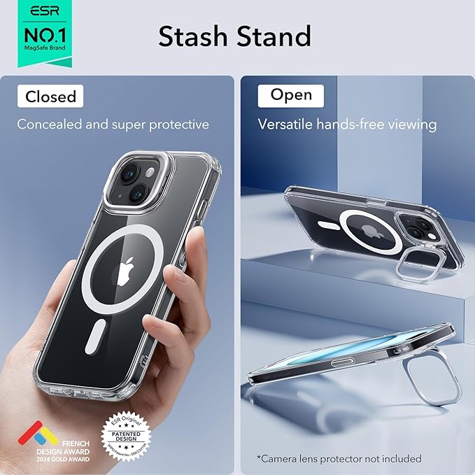 ESR for iPhone 15 Plus Case, Compatible with MagSafe, Military-Grade Protective Case, Built-in Stash Stand Phone Case, Scratch-Resistant Back Cover, Classic Series, Clear