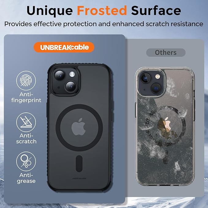 UNBREAKcable Magnetic Case for iPhone 15, [Compatible with MagSafe] [Military Grade Shockproof] [Non-Slip] Translucent Matte Back Soft Silicone Protective Case for iPhone 15, Black