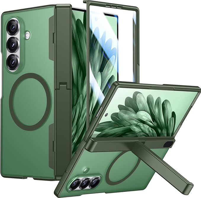 Temdan Magnetic for Samsung Galaxy Z Fold 7 Case,[Compatible with MagSafe][Built-in HD Screen Protector&Invisible Kickstand][Hinge Protection]Translucent Matte Shockproof Phone Case for Z Fold 7,Green