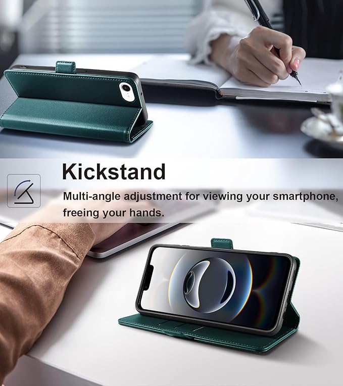 Wallet Flip Case for iPhone 16E 5G - [RFID Blocking] Luxury PU Leather Card Holder Magnetic Phone Cover with Kickstand,Shockproof Protective Case,Green