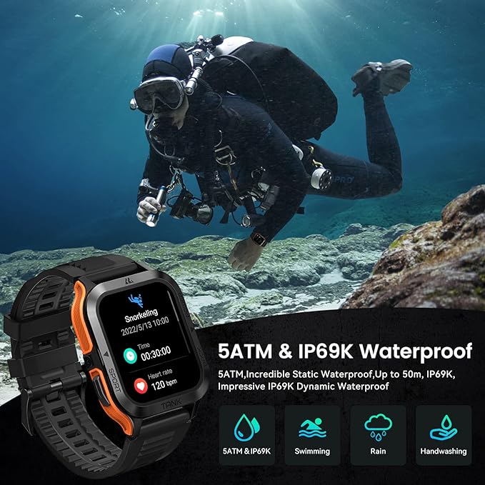 AMAZTIM Smart Watch, 60 Days Extra-Long Battery, 50M Waterproof, Rugged Military Bluetooth Call(Answer/Dial Calls), 1.85" Ultra Large HD Display, AI Voice Assistant, Compatible for Android and iOS
