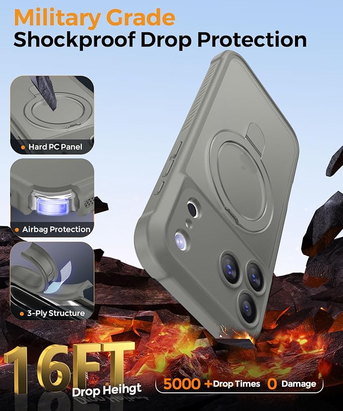 MOCCA Compatible with iPhone 17 Pro Case with Magnetic Invisible Stand [Full Camera Protection] [Compatible with Magsafe] Military Drop Shockproof Translucent Matte Phone Case Cover 6.3",Titanium Gray