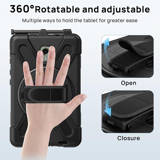 Gerutek Case for Samsung Galaxy Tab Active 5 2024/Active 3 2021 8 inch Tablet Case, Cover Protective Shockproof with Screen Protector, Pencil Holder, 360 Rotating Handle, Stand, Strap- Black