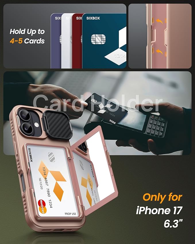 for iPhone 17 Case with Card Holder & Stand & Camera Cover, Military Grade Drop Protection Hard Rugged Multifunctional Wallet Kickstand Protective Phone Case for iPhone 17, Rose Gold